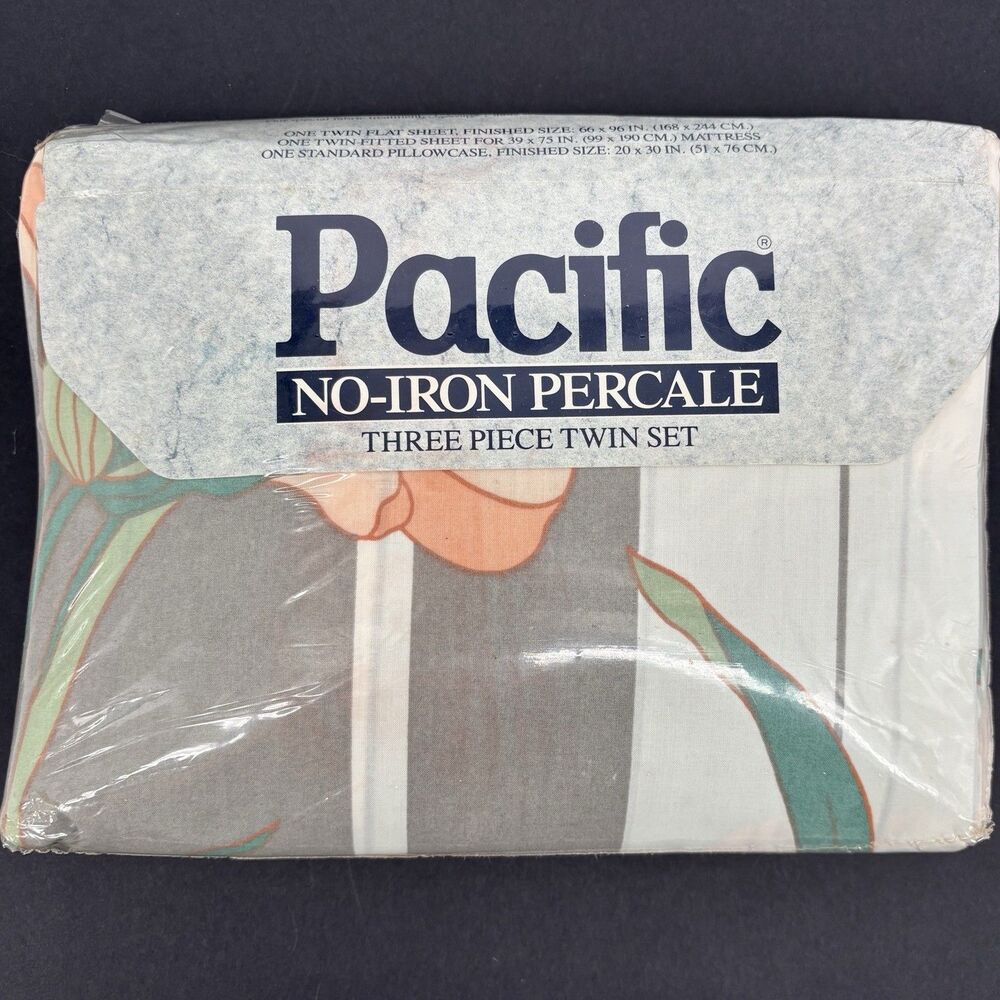 Vintage Pacific La Fleur No Iron Percale Three Piece Twin Sheet NOS Sealed Print
